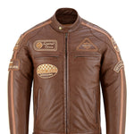 Mens British Motorcycle Brown Wax Leather Badges Jacket Biker Tan Creme Striped