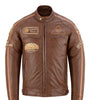 Mens British Motorcycle Brown Wax Leather Badges Jacket Biker Tan Creme Striped